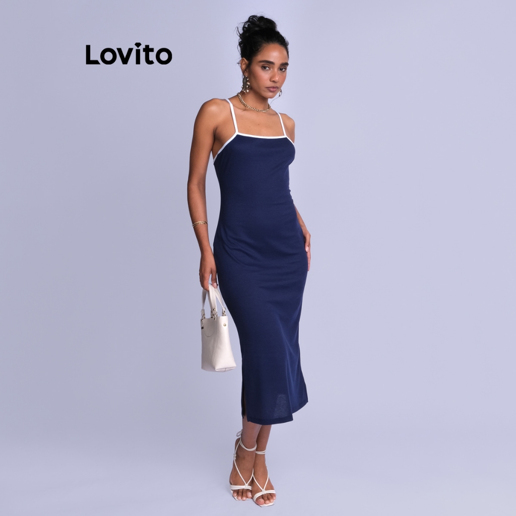 Lovito Vestido Midi Feminino Com Cutout Nas Costas E Vivo Contrastante DRB939BRL969