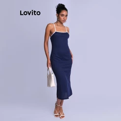 Lovito Vestido Midi Feminino Com Cutout Nas Costas E Vivo Contrastante DRB939BRL969