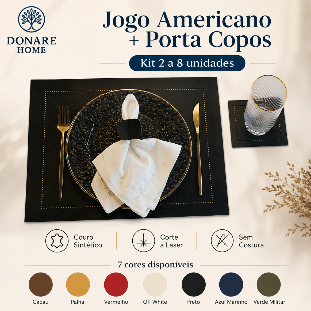 Kit Sousplat Jogo Americano+Porta Copo Retangular Tradicional Couro Sintético Sem Costura Resistente