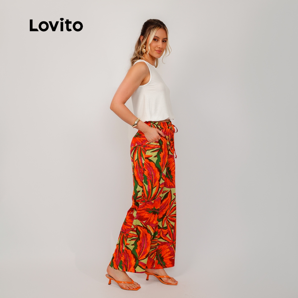 Lovito Bossa I Calça Feminina em Viscose com Amarração e Estampa Boho de Folhage