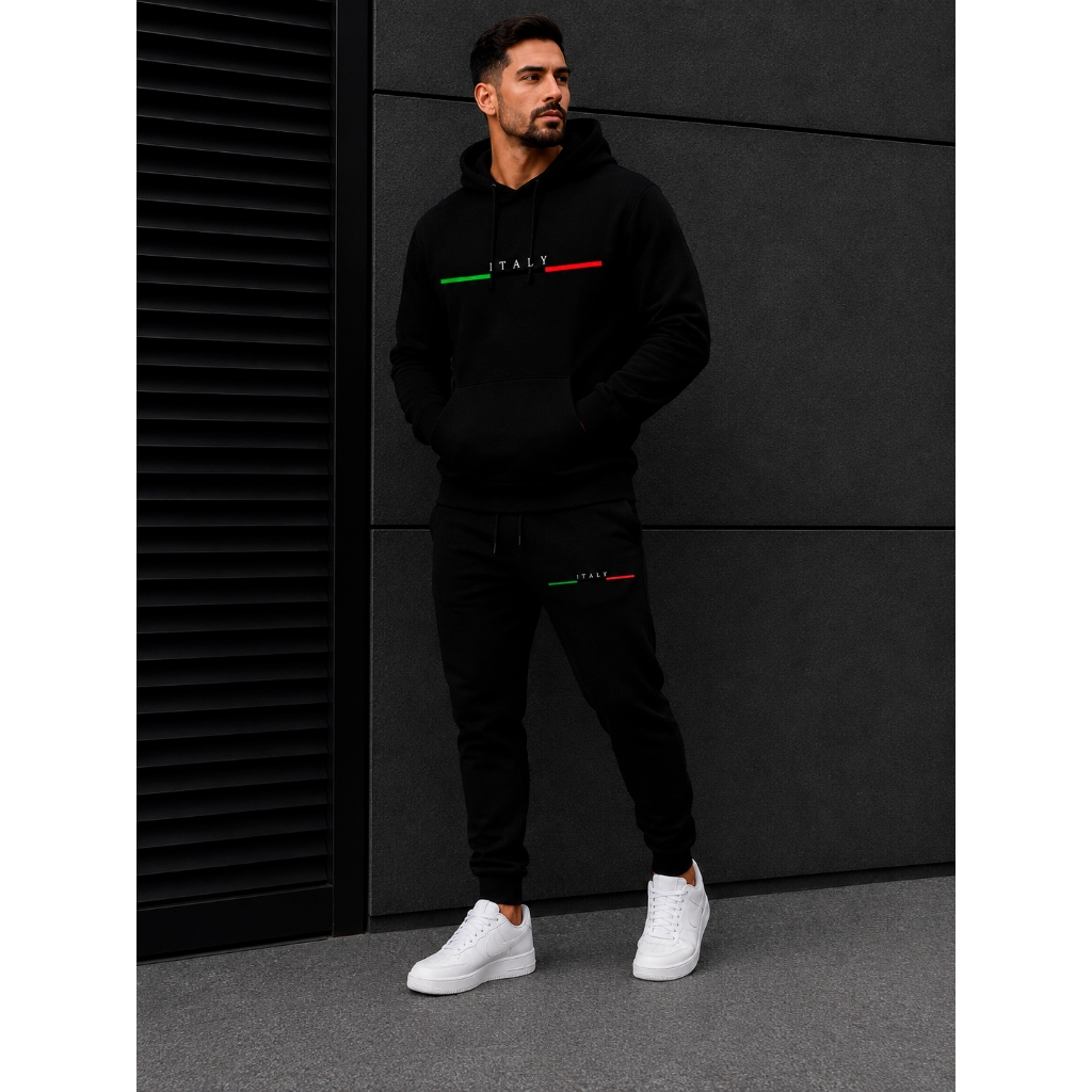 Conjunto Moletom Premium Calça Flanelada Blusão De Frio Canguru Estampado Italy