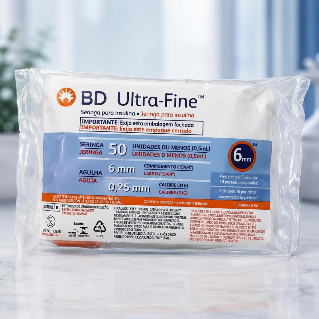 Seringa para insulina 0,5ml (50 ui) ultra fina 31G 6mm X 0,25mm PACOTE com 10 unidades-  BD