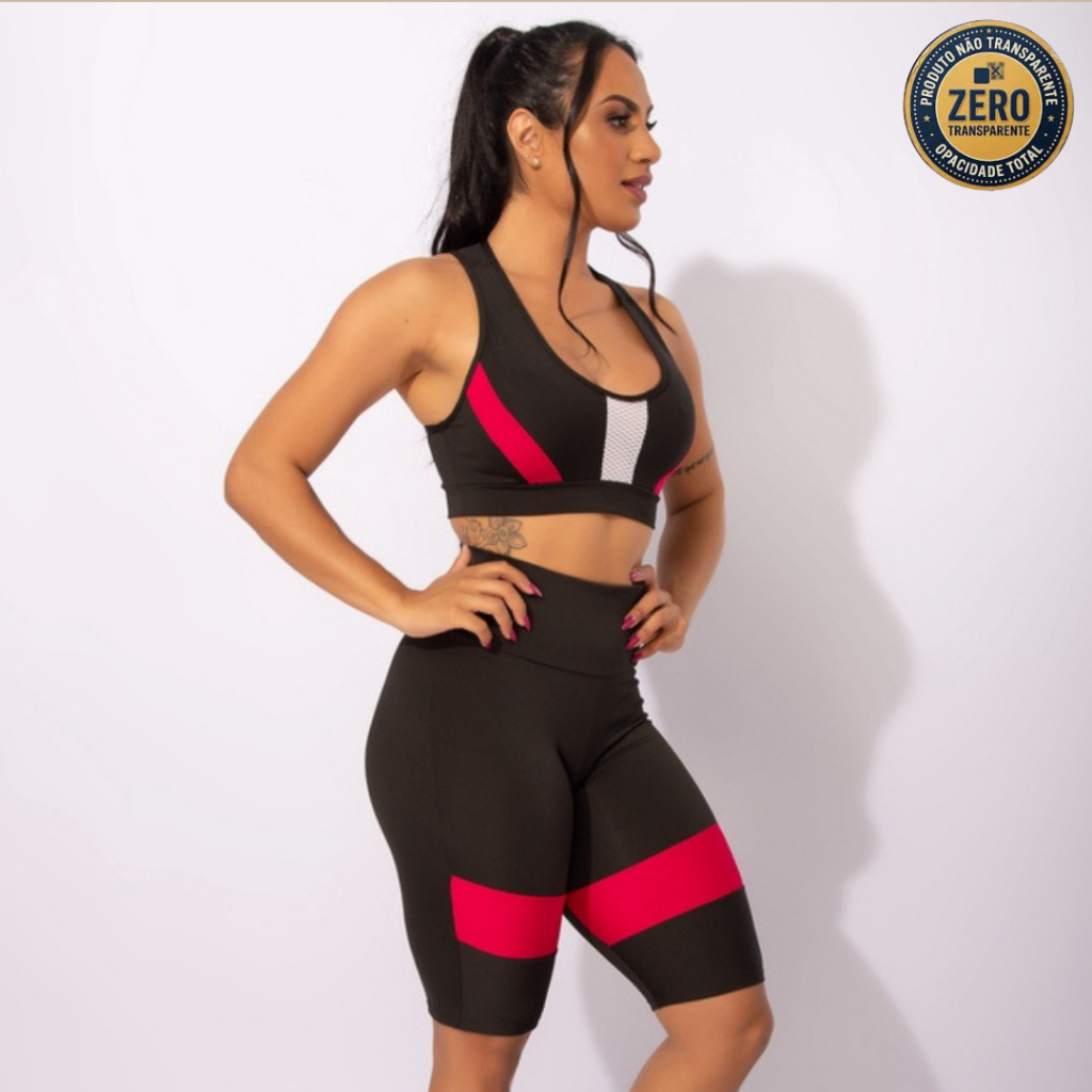 Conjunto Feminino Fitness Bermuda Cintura Alta Recorte Na Perna E Top Nadador Tela Frontal Academia ZERO TRANSPARÊNCIA