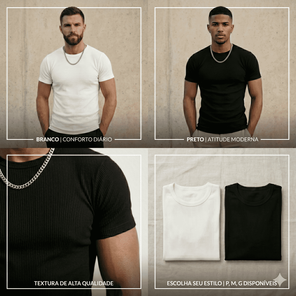 KIt 2 Camiseta Masculina Americana Ribana Canelada Slim Fit Gringa Camisa Justa Premium Atacado Varias Cores Luxo Shape