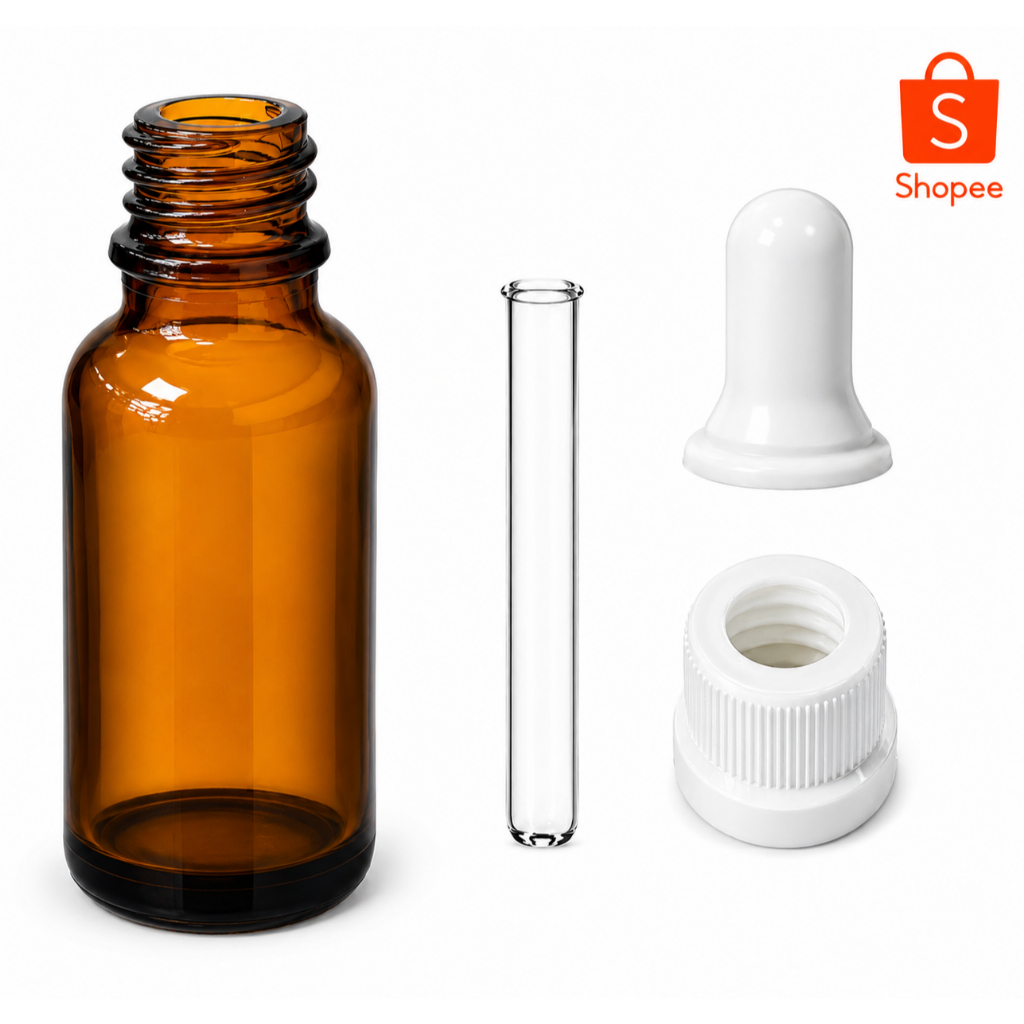 Frascos Conta Gotas 20ml Vidro Âmbar (10 Unidades) E Tampa Com Lacre Branca