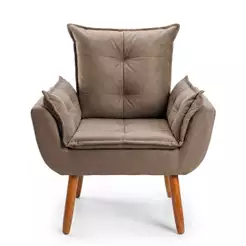 Poltrona Para Quarto Sala de Jantar Suede Marrom Brown Com Pés de Madeira de Eucalipto
