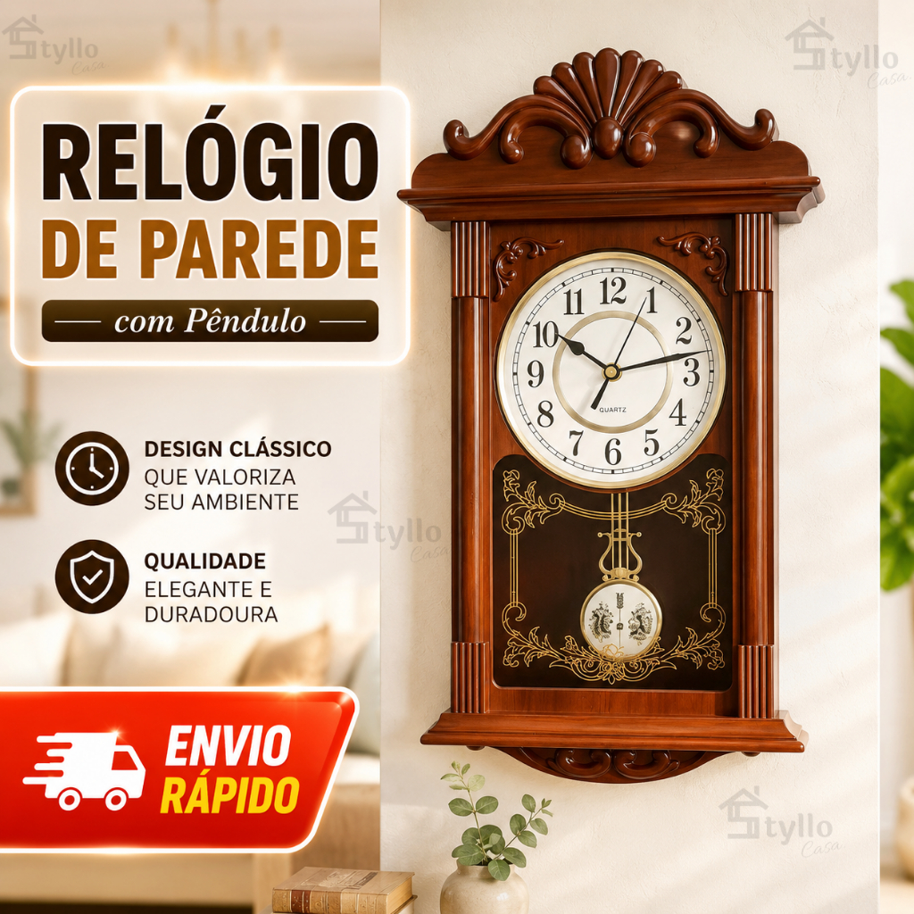 Relógio De Parede Rústico Pêndulo Analógico Vintage Antigo Grande Premium