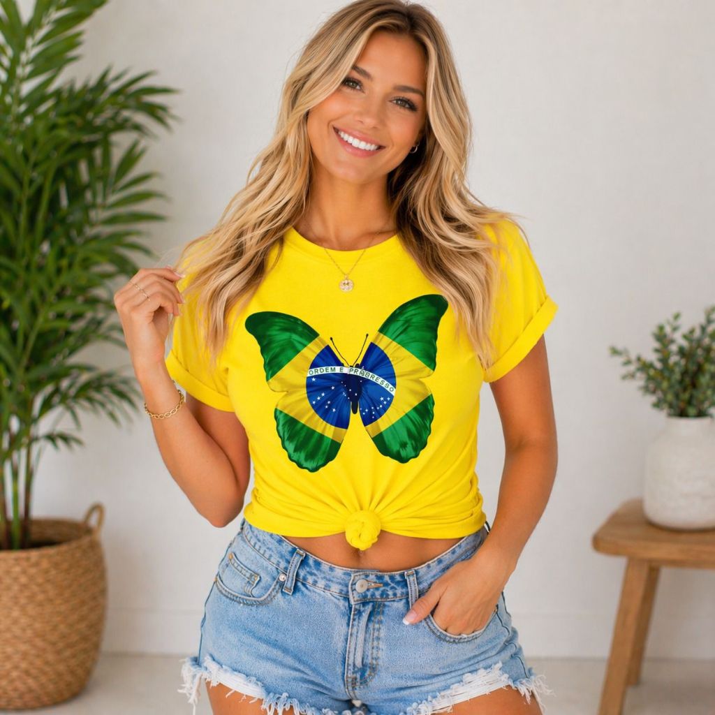 Camiseta Borboleta Brasil Feminina Copa 2026 Baby Look Seleção Brasileira Verde Amarelo Estilosa Algodão Casual Trend