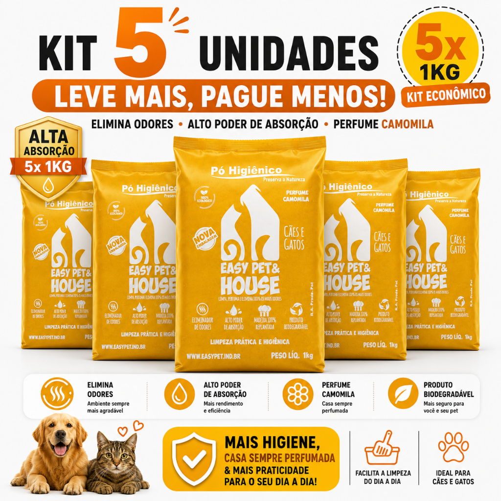 Pó Higiênico Pet Easy Pet & House Camomila 5 Unidades | Alta Absorção | Anti Odor | Cães e Gatos