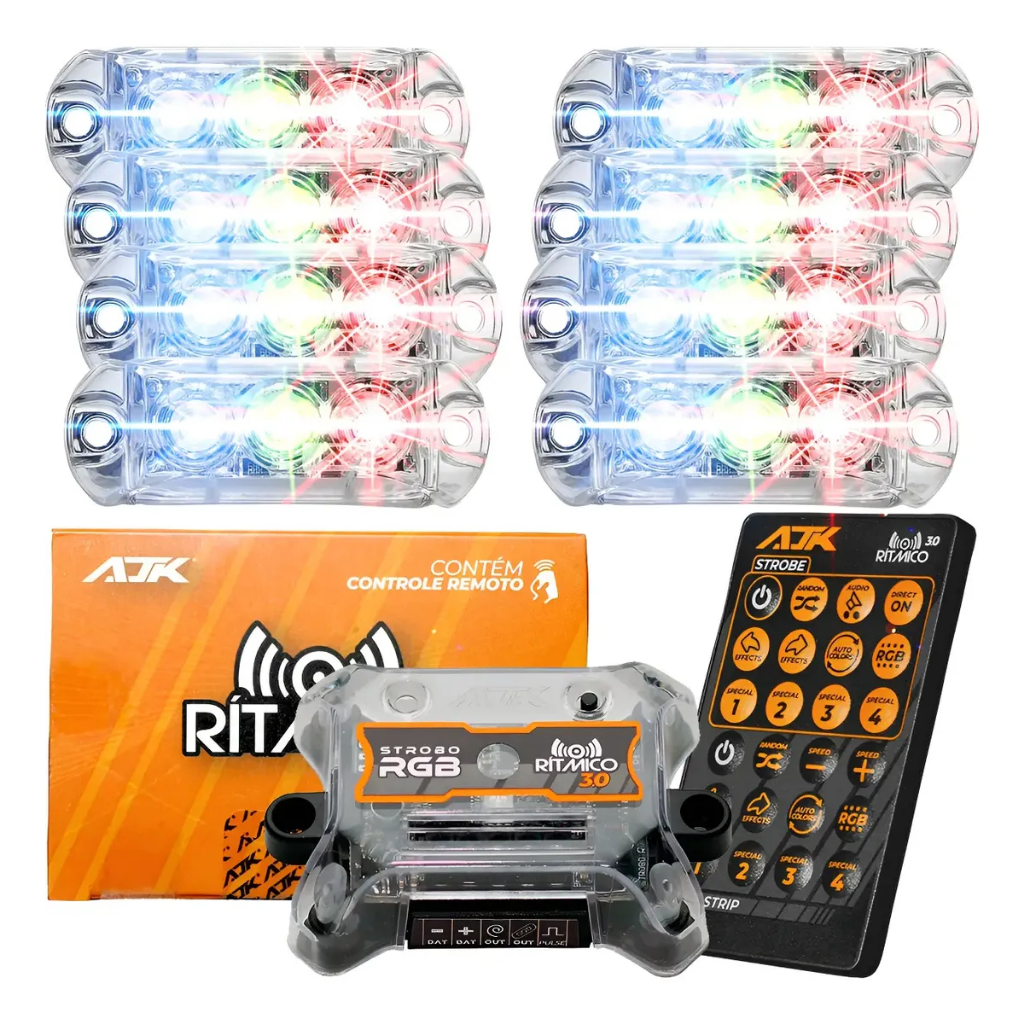 Kit 8 Strobo AJK 3.0 6W RGB Digital Endereçável e Ritmico Faróis 6W + Controle 38 Mil Efeitos