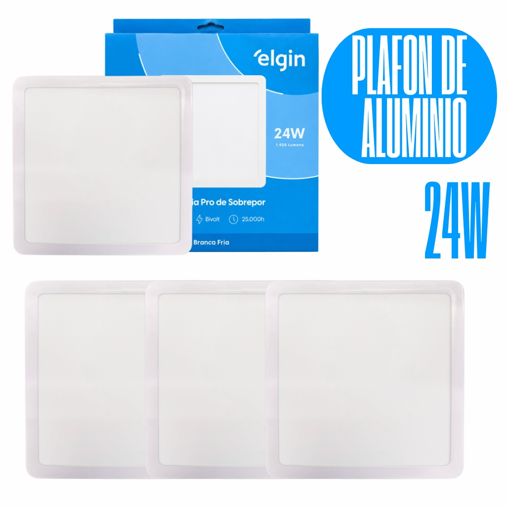 Kit 4 Luminária Painel Plafon Pro ALUMINIO Sobrepor Quadrado Led 24w 28,5x28,5 Bivolt - ELGIN