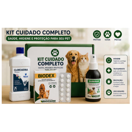 Kit Dermatite Atópica 1 Shampoo Clorexidina 500ml, 1 Biodex 20 comprimidos, 1 Sarniran 100ml