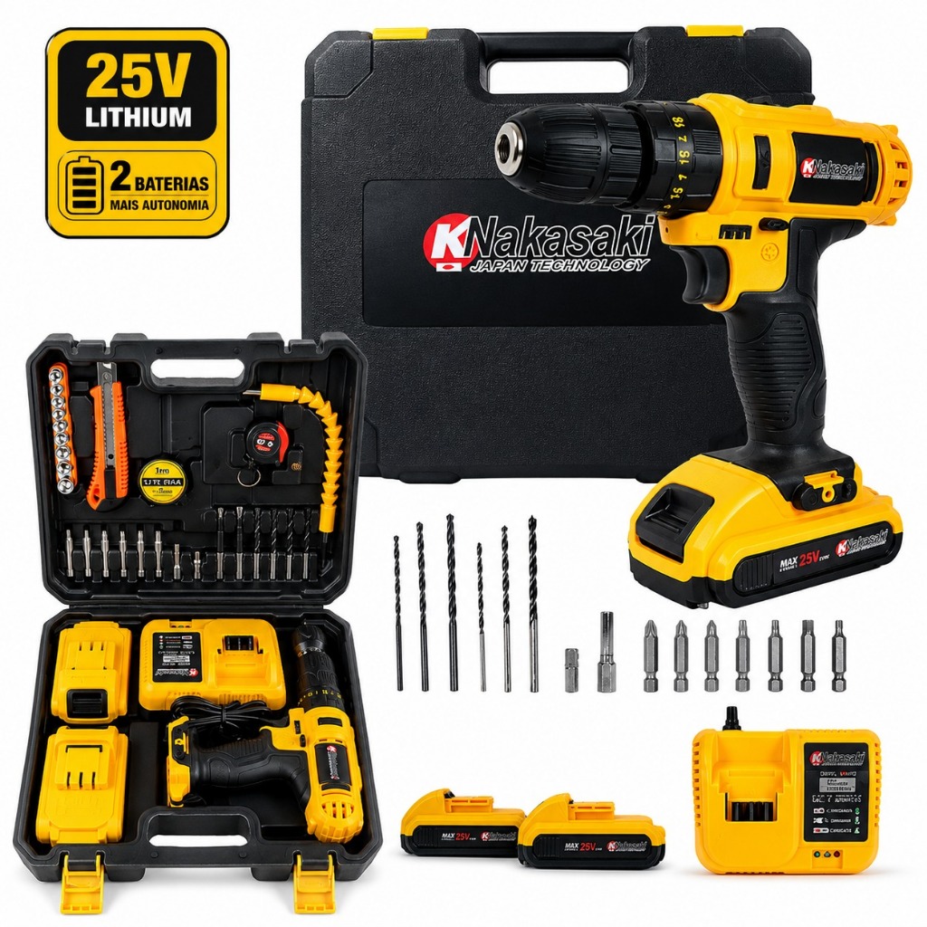 Furadeira e Parafusadeira 25V Sem Fio com 2 Baterias + Maleta e Acessórios Bivolt