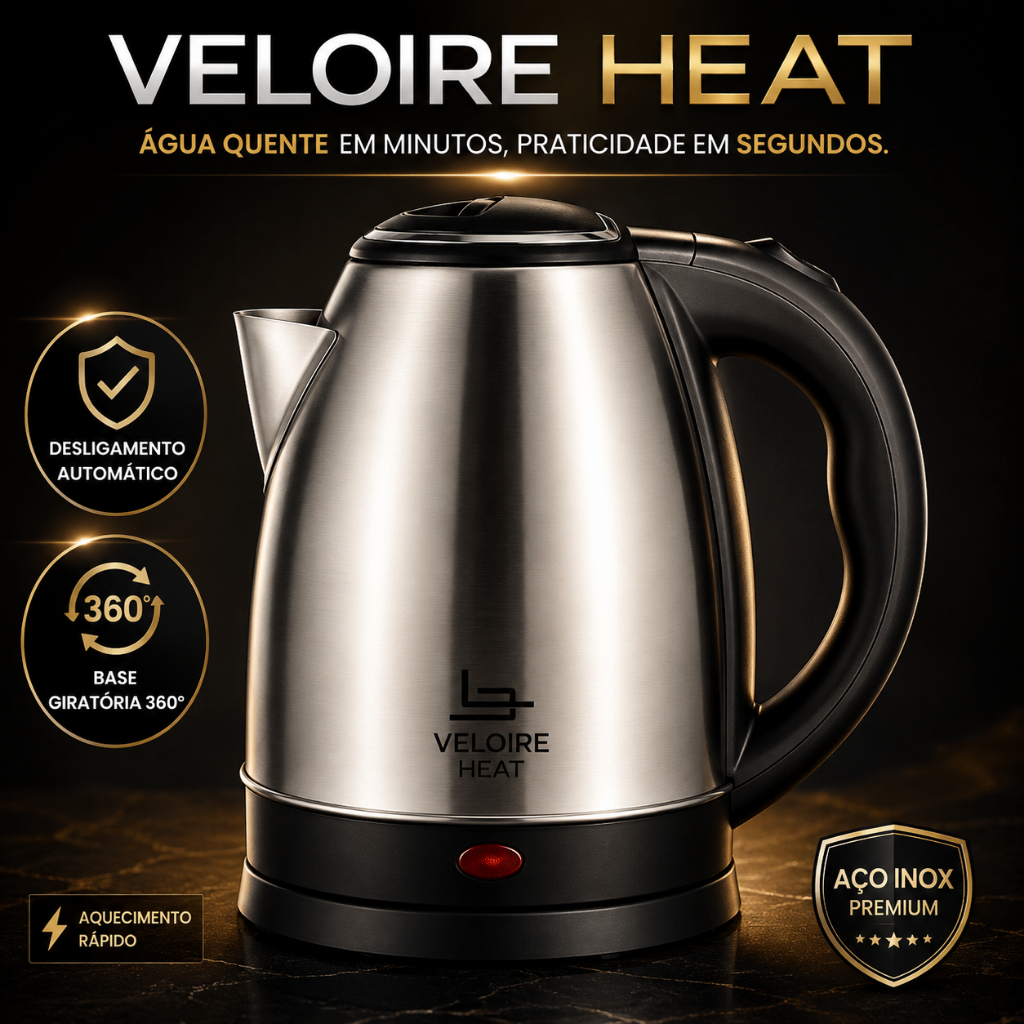 Chaleira Elétrica Veloire Heat 1,8L Inox 220V Aquecimento Rápido Base Giratória 360° Desligamento Automático