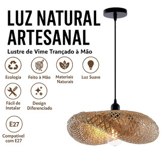 Lustre Pendente Vireon Bambu Natural 60cm Boho E27 Bivolt Sala Cozinha Área Gourmet