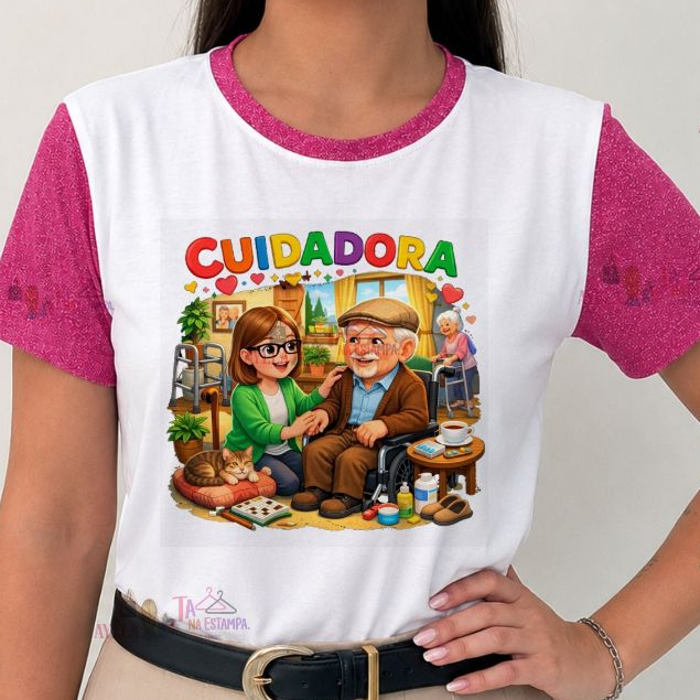 Tshirt  MANGA LUREX , PROFISSÃO, CUIDADORA DE IDOSOS 2, Serviço social, educação especial,FLORAL,PLUS SIZE