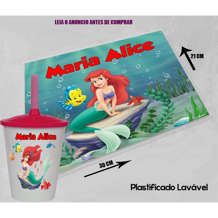 Kit Jogo Americano com copo twister personalizado  para festa de aniversario da Sereia Ariel