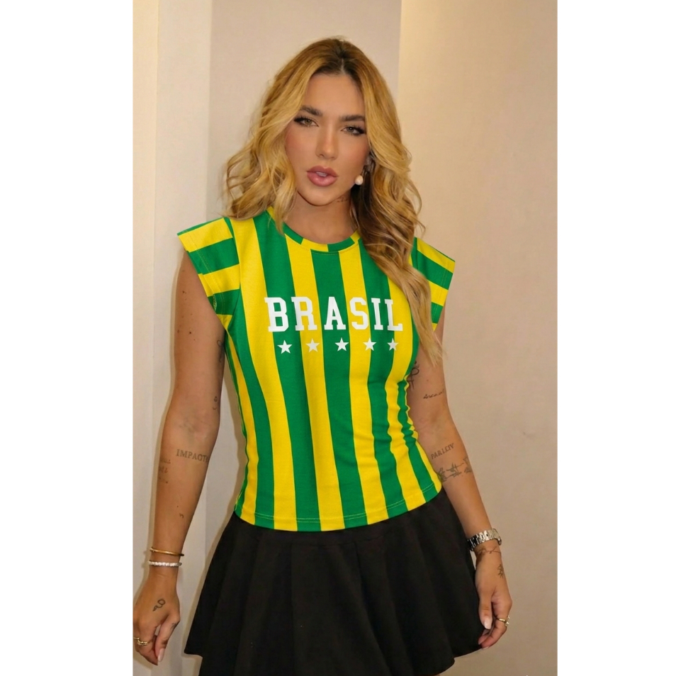 Blusa Camiseta T-shirt Brasil Listrada Feminina Copa do Mundo Manga Muscle