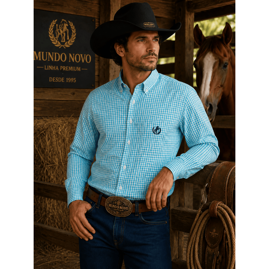 Camisa Masculina Xadrez Manga Longa Country em Tecido 100% Algodão Tricoline Fio 50