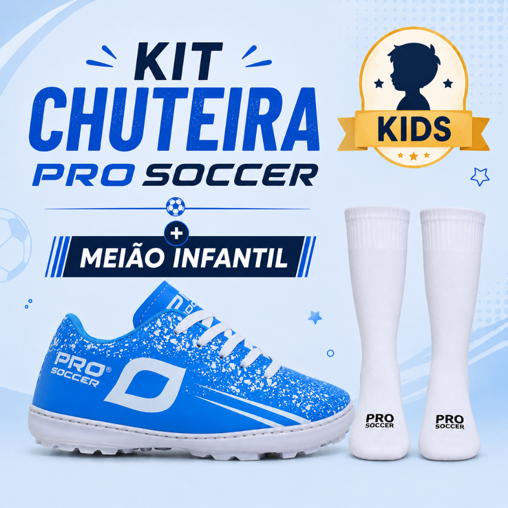 Kit Chuteira Society + Meião Infantil Masculina Futebol Campo Grama Sintética com Trava Resistente