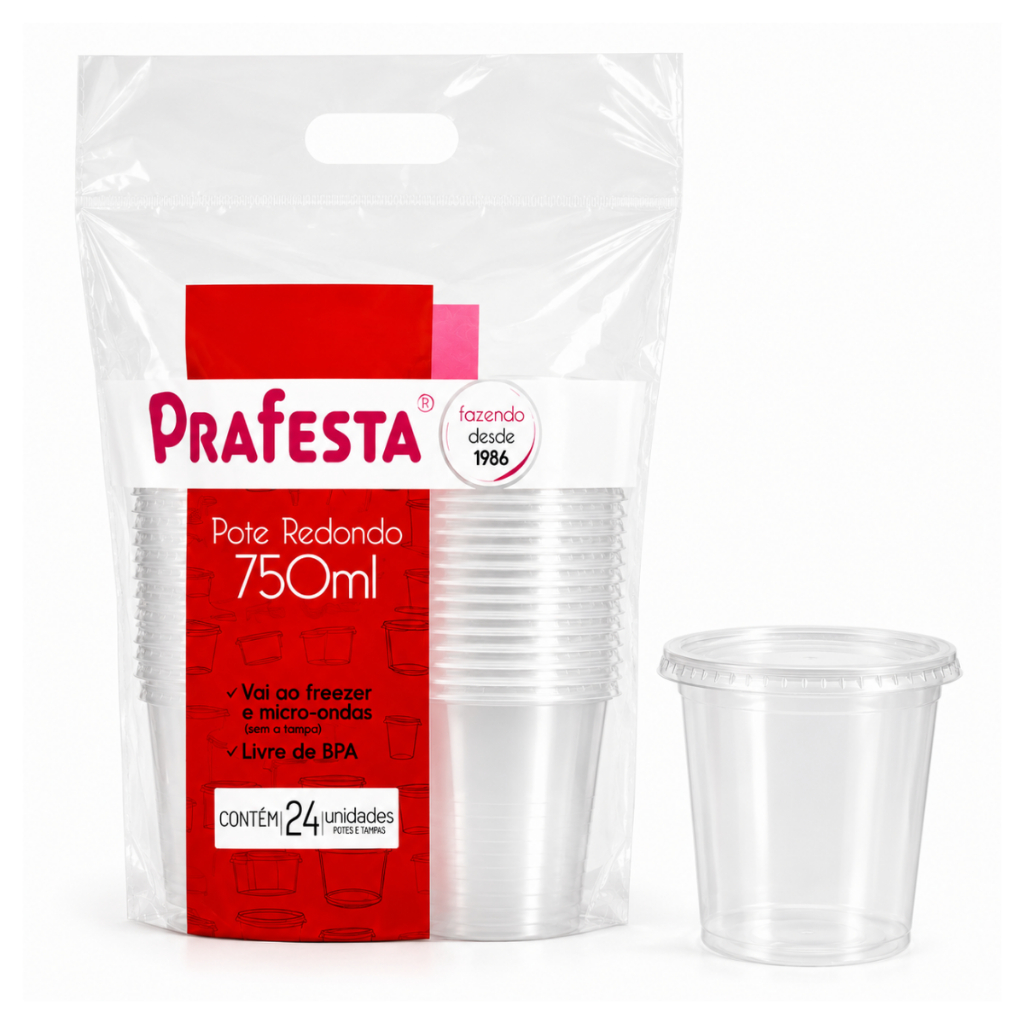 Pote Plástico Redondo 750ml C/24 Unidades Prafesta Sem BPA Salada de Frutas Doce Salada