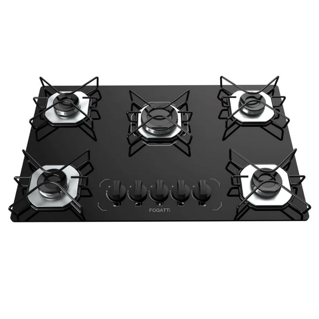Cooktop Fogatti à Gás FGT 5 Bocas Vidro Preto Flange Inox Bivolt - Acendimento Automático