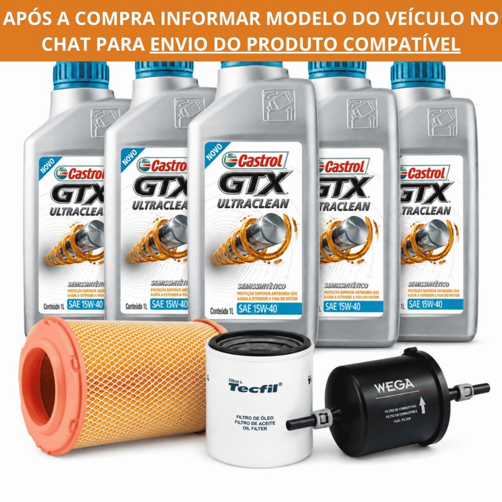 Kit 5 Óleo Castrol GTX 15W40 + Filtro de Óleo, Motor e Ar.