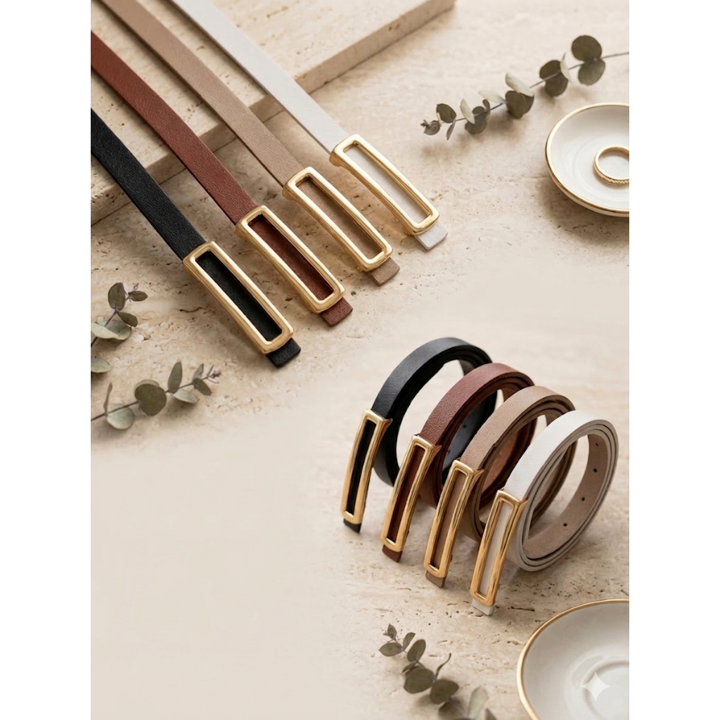 Kit 4 Pçs - Cinto Fino Feminino Fivela Dourada Couro Fake