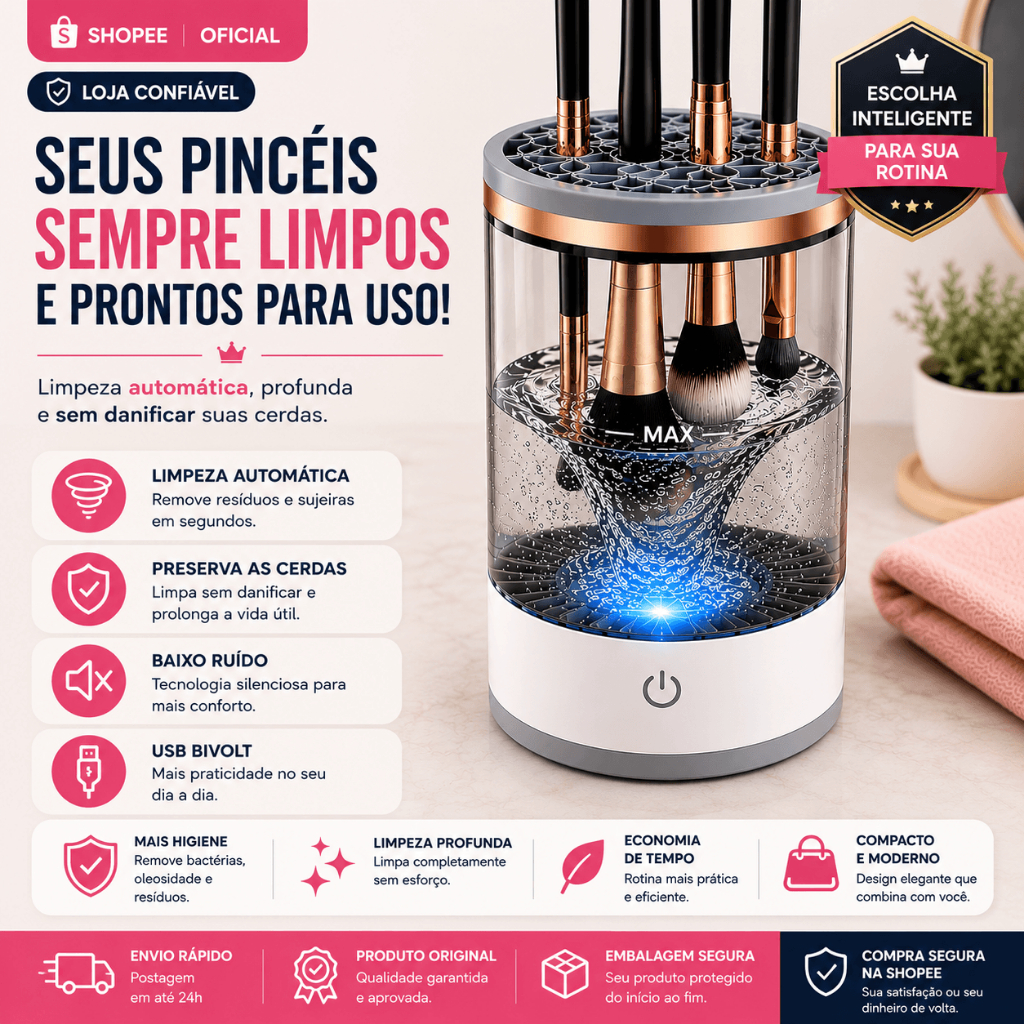 Limpador de Pincéis Maquiagem Elétrico Automático USB Bivolt Portátil Limpeza Rápida