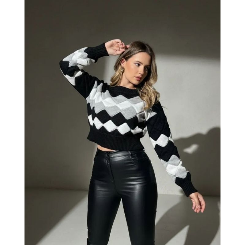 Blusa maxi cropped 3d suéter tricot manga longa bolhas outono inverno