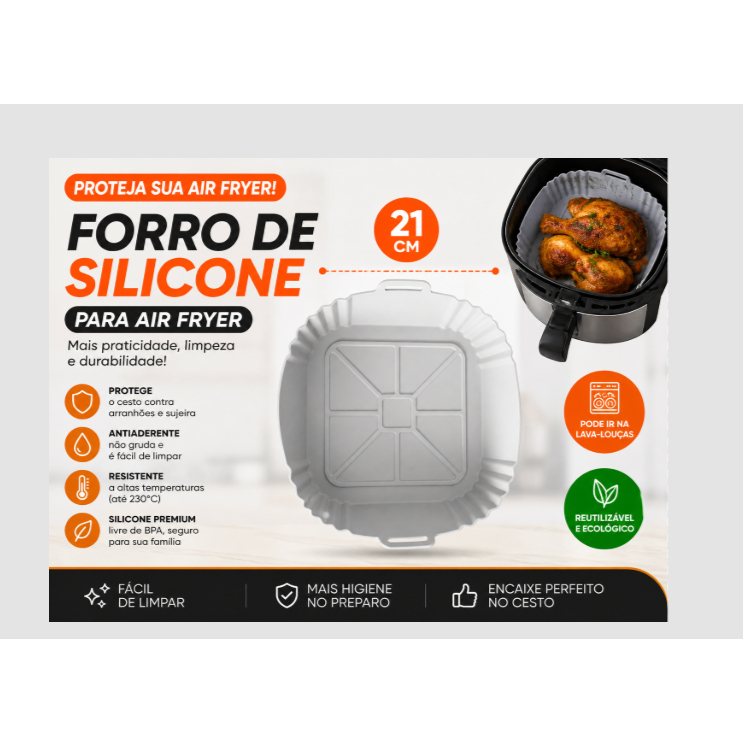 Forma para Air Fryer 4L  Quadrada em Silicone 21cm Cinza Antiaderente Reutilizável - UnyHome