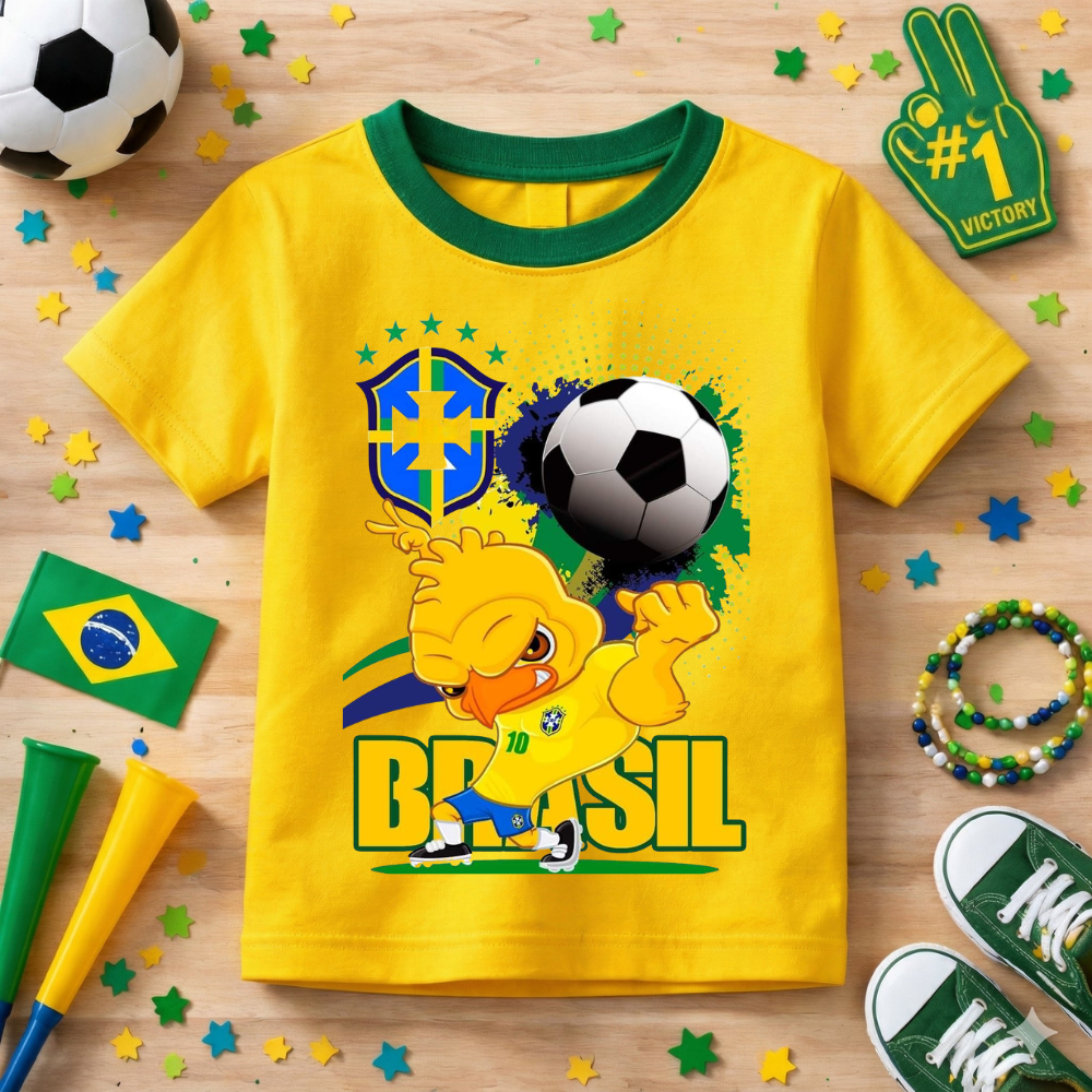 Camiseta Infantil Copa Do Mundo Personalizada Canarinho Lançamento Brasil Algodão Premium Confortável