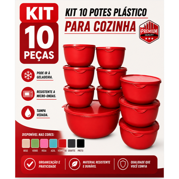 Kit Redondo 10 Potes Herméticos Plástico(1x2800ml + 3x1000ml + 6x500ml) | Organização Premium e Praticidade Cozinha