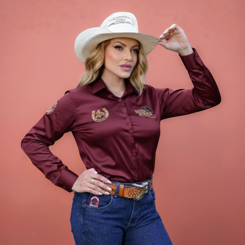 Camisa Feminina Manga Longa em Marsala - Elegância Acetinada no Estilo Rodeio | Kali Empreendimentos