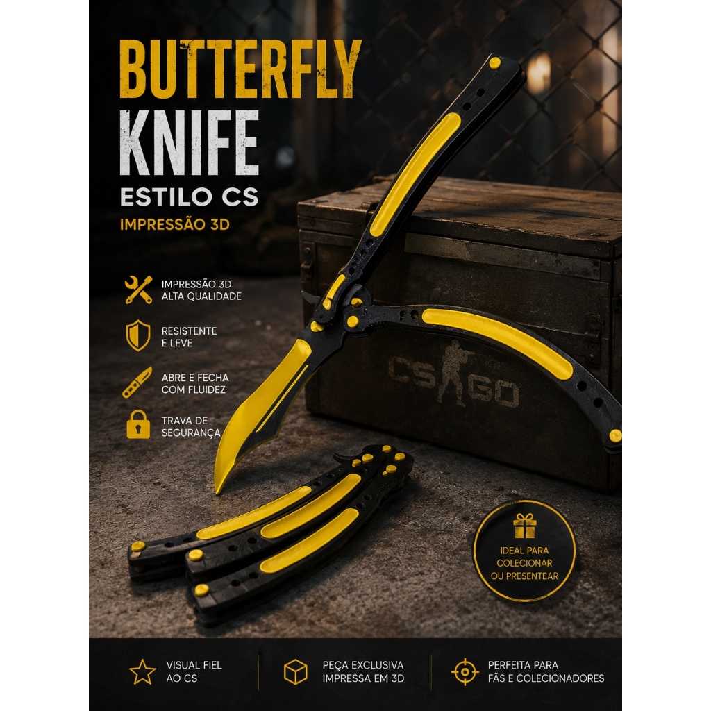 Butterfly Knife CS Estilo Fade Impressão 3D Articulada