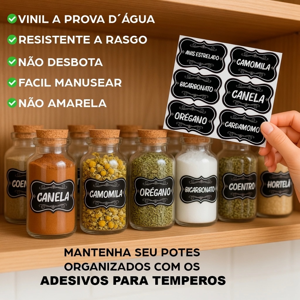 50 Adesivos para potes de temperos, etiquetas resistente à água para condimentos e especiarias 5x3cm