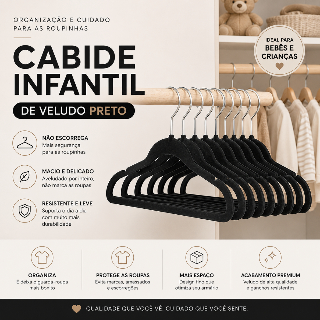 Kit 30|20|10 Cabides Infantis Veludo Antideslizante Roupa Bebê Criança Ultra Fino Não Escorrega