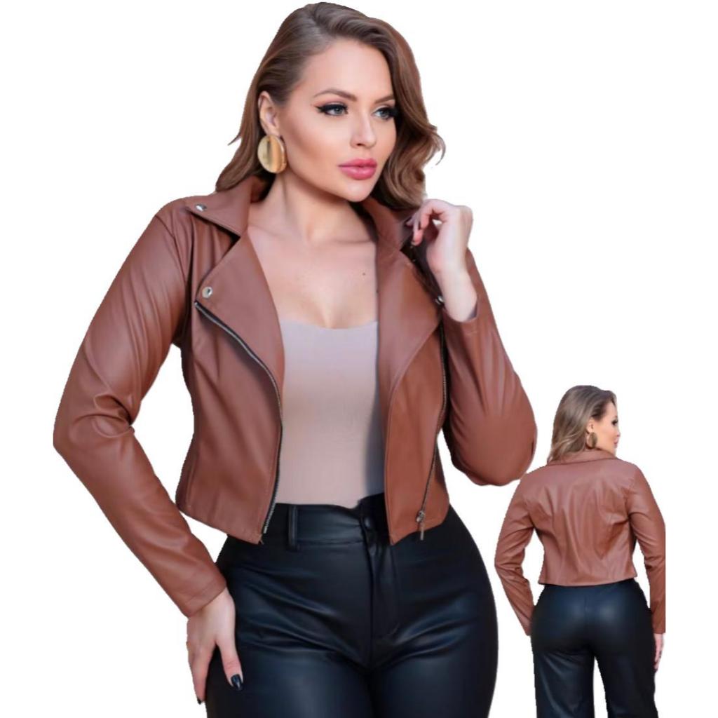 Jaqueta feminina Couro Fake Com Ziper  elegante