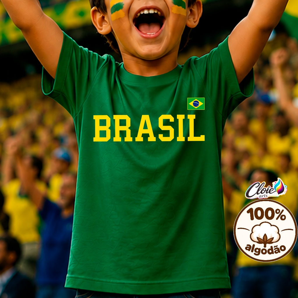 Camiseta Infantil 100% Algodão Brasil  Torcedor Mirim  Copa Jogos Casual Torcida Seleção Brasileira Campeão Hexa Unissex