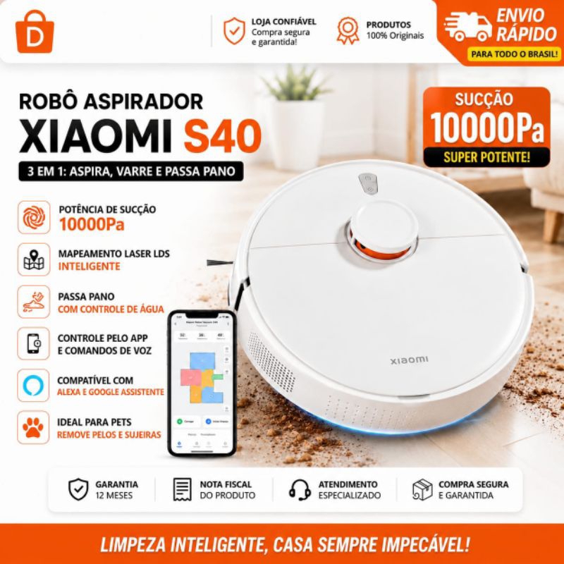 Robô Aspirador Xiaomi S40 3 em 1 10000Pa | Mapeamento Laser LDS | Passa Pano | Controle App Alexa | Super Potente