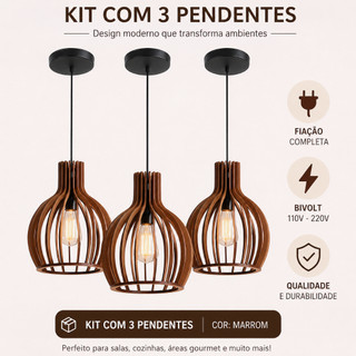 3 Pendentes Luminarias De Teto De Madeira Cor Marrom com Fiação Completa - 3ppm