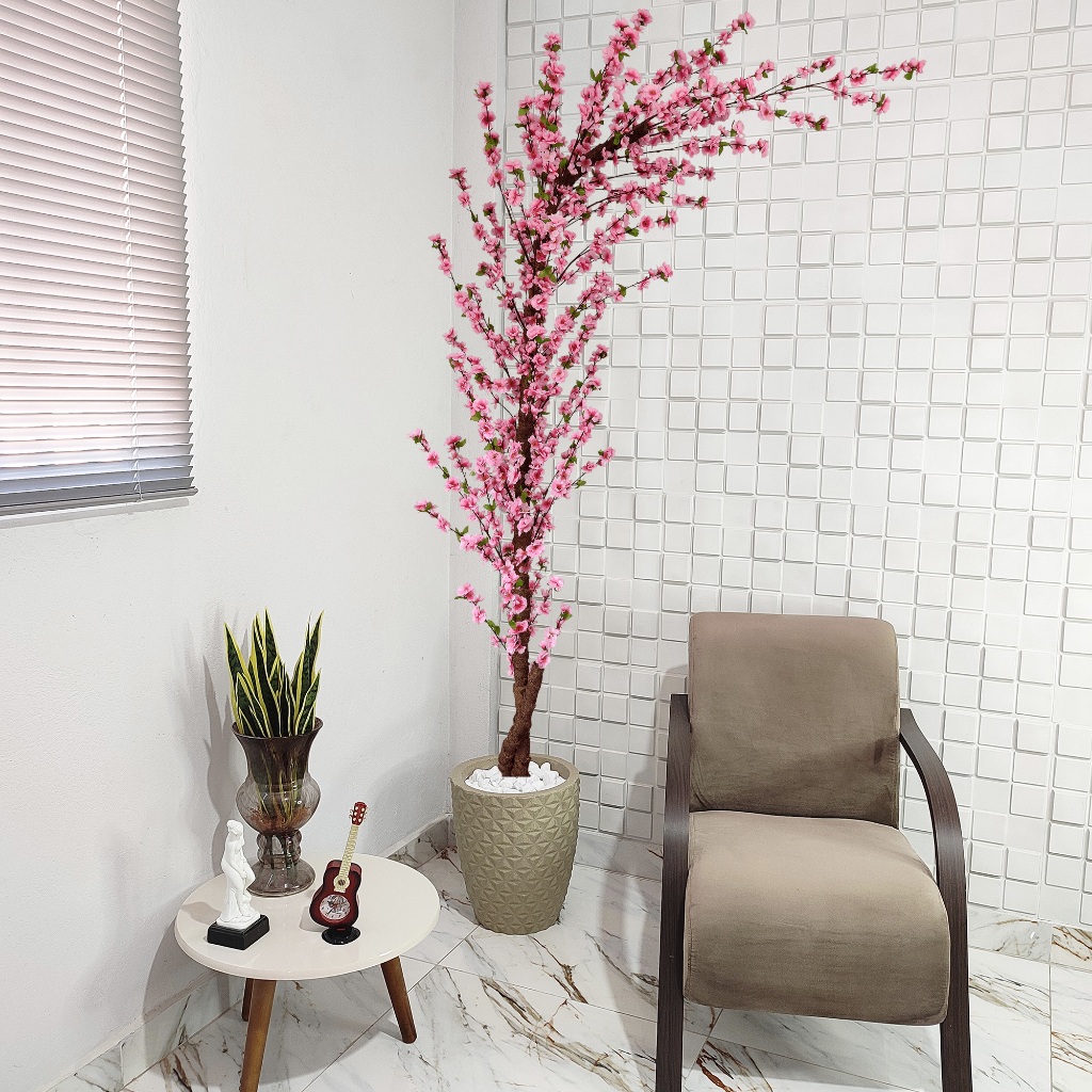 Arvore Artificial Cerejeira Rosa Curva 220cm Sakura Vaso Pedra
