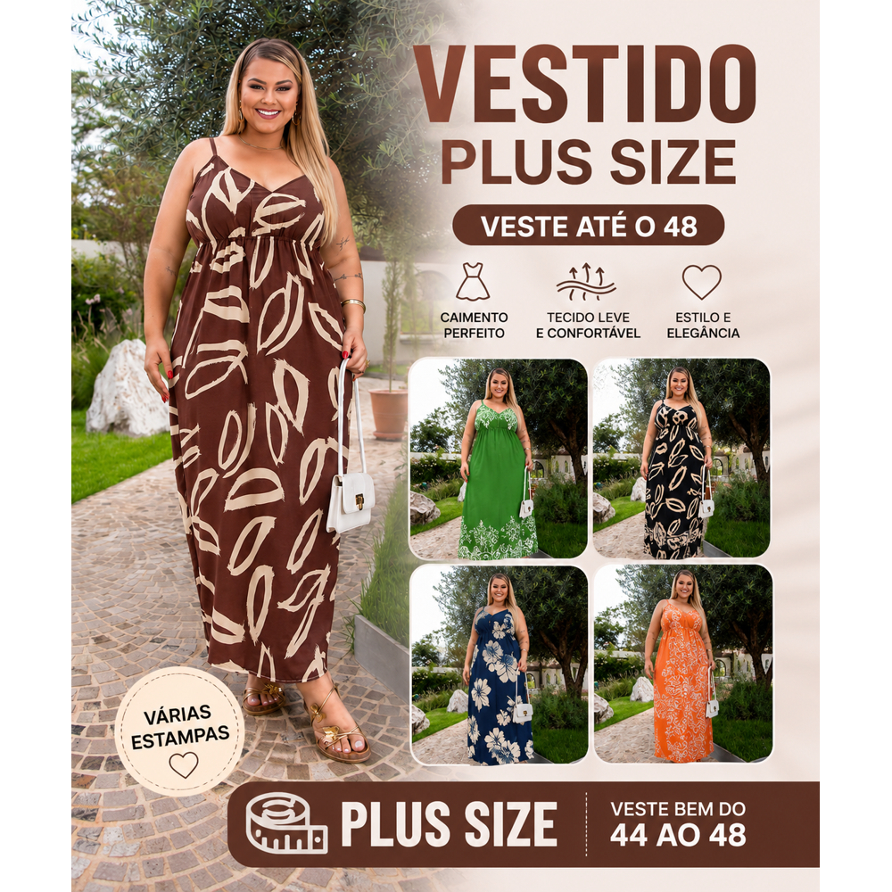 Vestido Longo Plus Size Estampado Feminino Alcinha Soltinho Veste Até 48