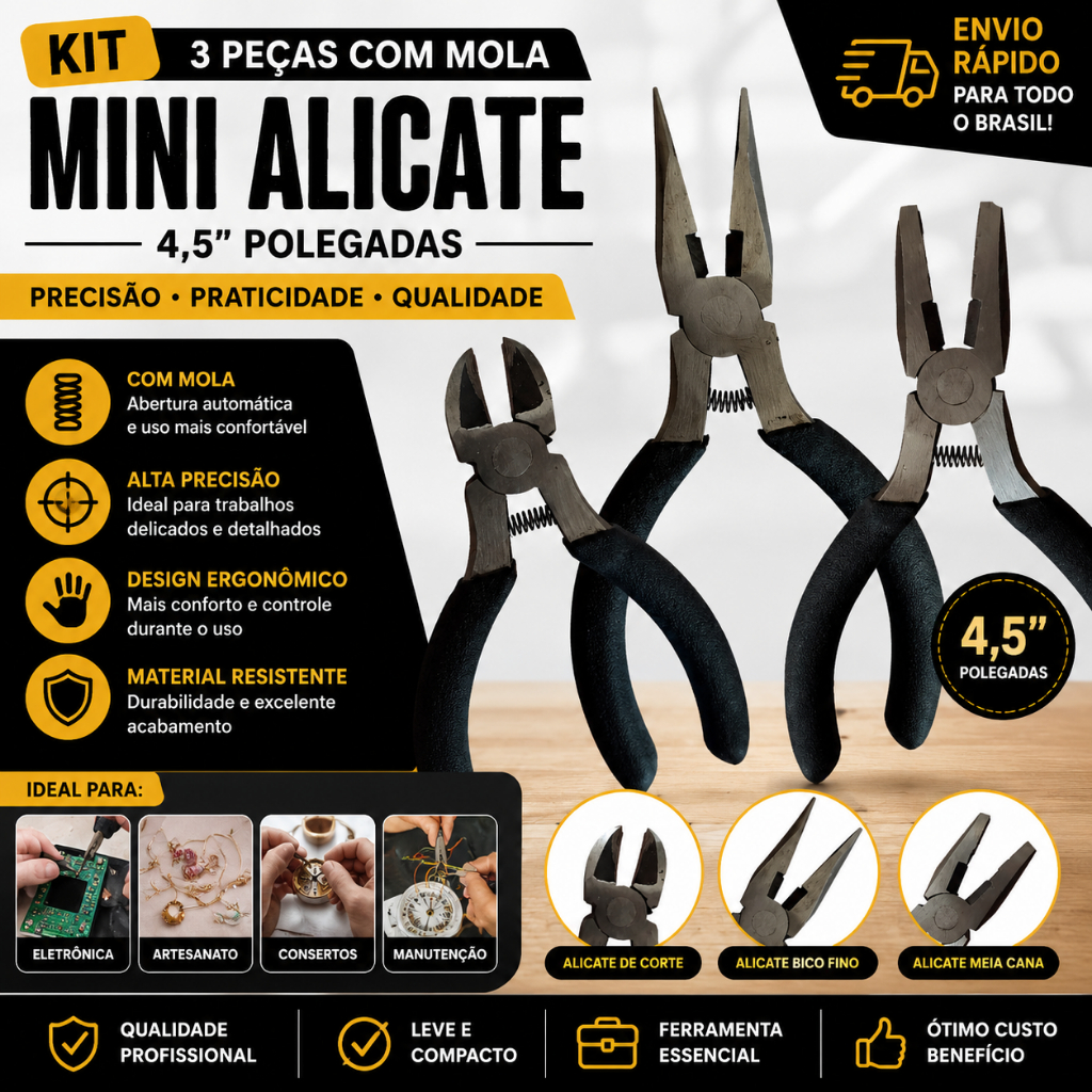 Kit Mini Alicates 3 Peças Precisão Com Mola 4,5” Manutenção Reparo