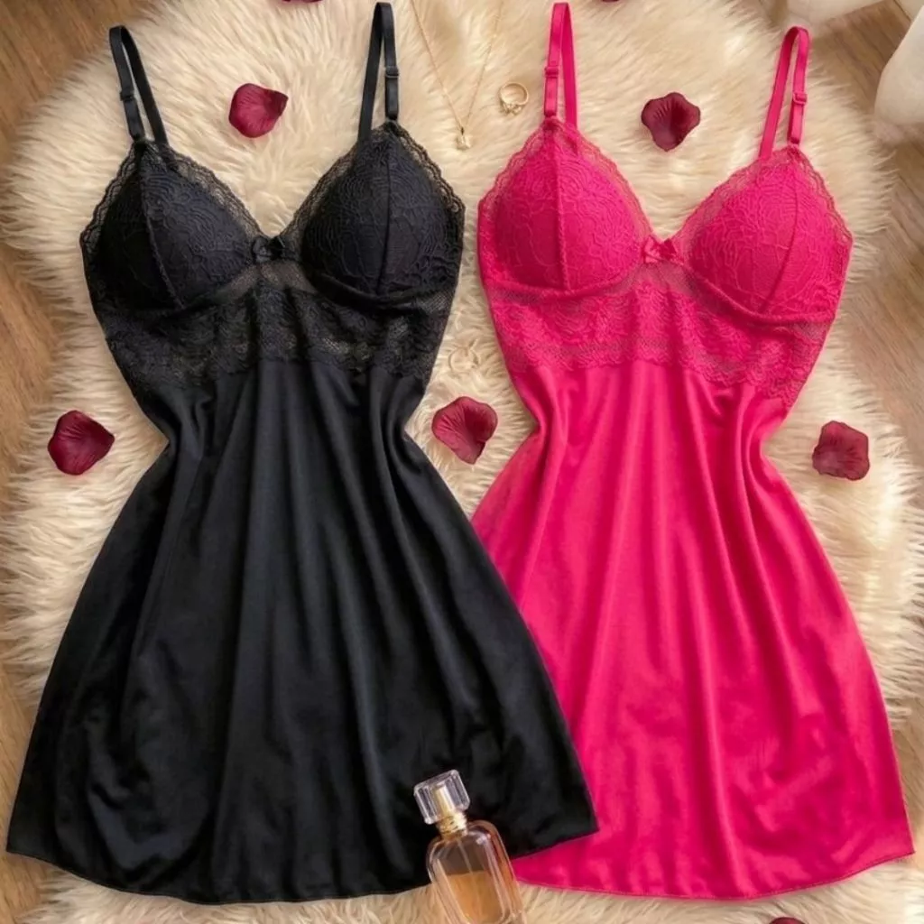 Kit Com Duas Camisolas Com Detalhes Em Renda Acompanha Calcinha Fio  Baby Doll Sensual e Confortável — imagem 1