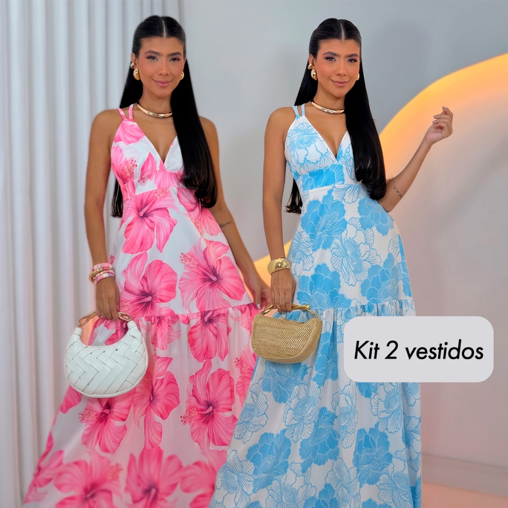 Kit 2 Vestidos Tropical Longos Femininos Florais Tendência Verão Estampado Chic Premium
