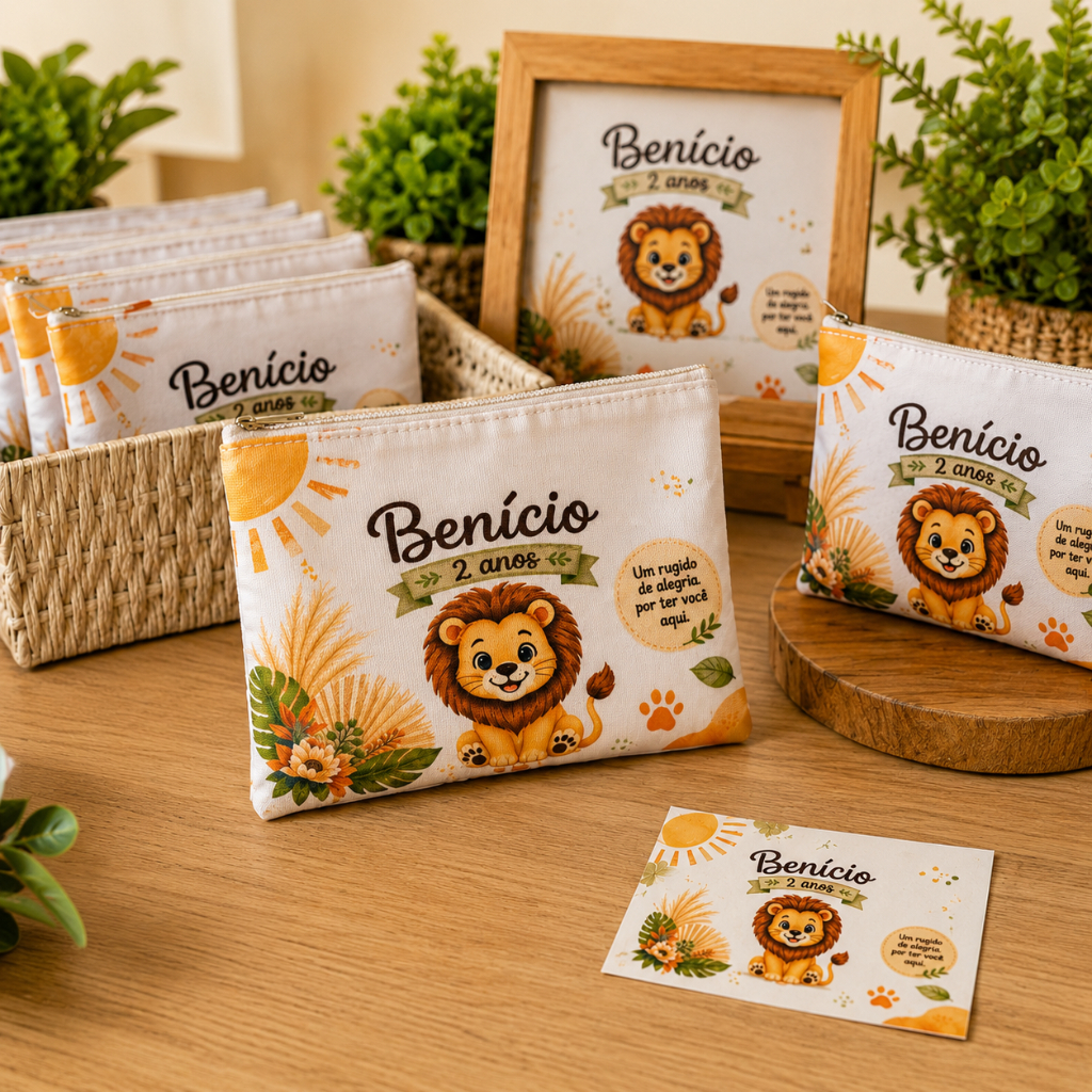 kit c/10 Necessaire Personalizada Safari Leãozinho Lembrancinha Aniversário Infantil Estojo Bolsa Necessaire