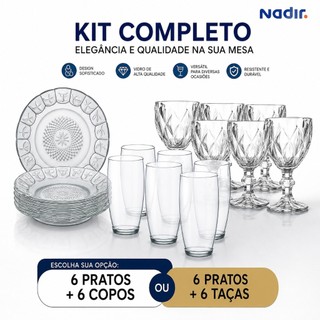 Kit 6 Copos ou Taça De Vidro + 6 Pratos Fundos Vidro Resistente Mesa Jogo Cozinha Refeiçã…