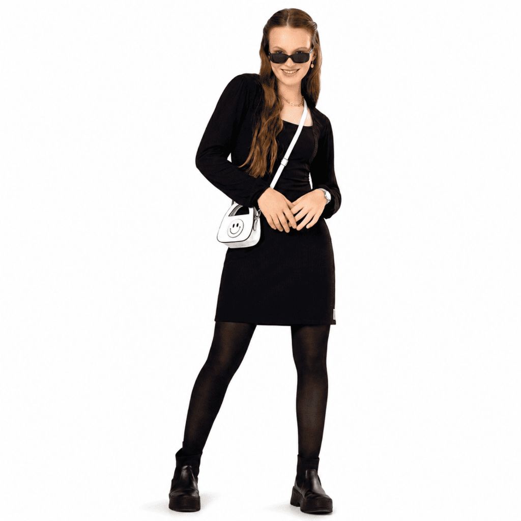 Vestido Feminino Lunender Manga Longa Canelado Preto Casual Confortável Moda Inverno
