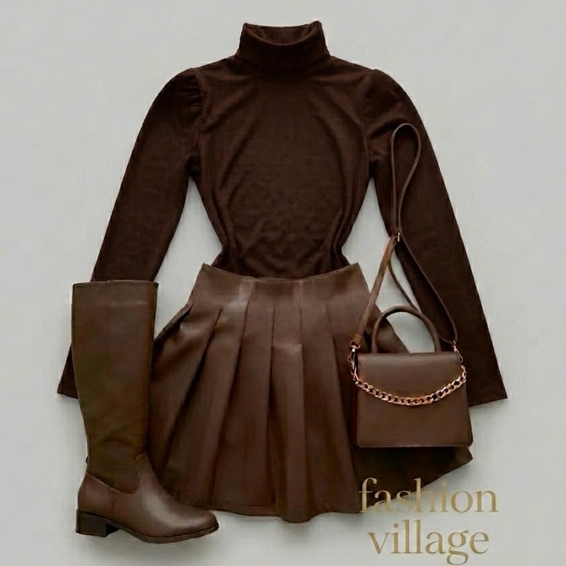 Conjunto Feminino Body Gola Alta + Saia Couro Plissada MARROM São João Moda Blogueira 2027